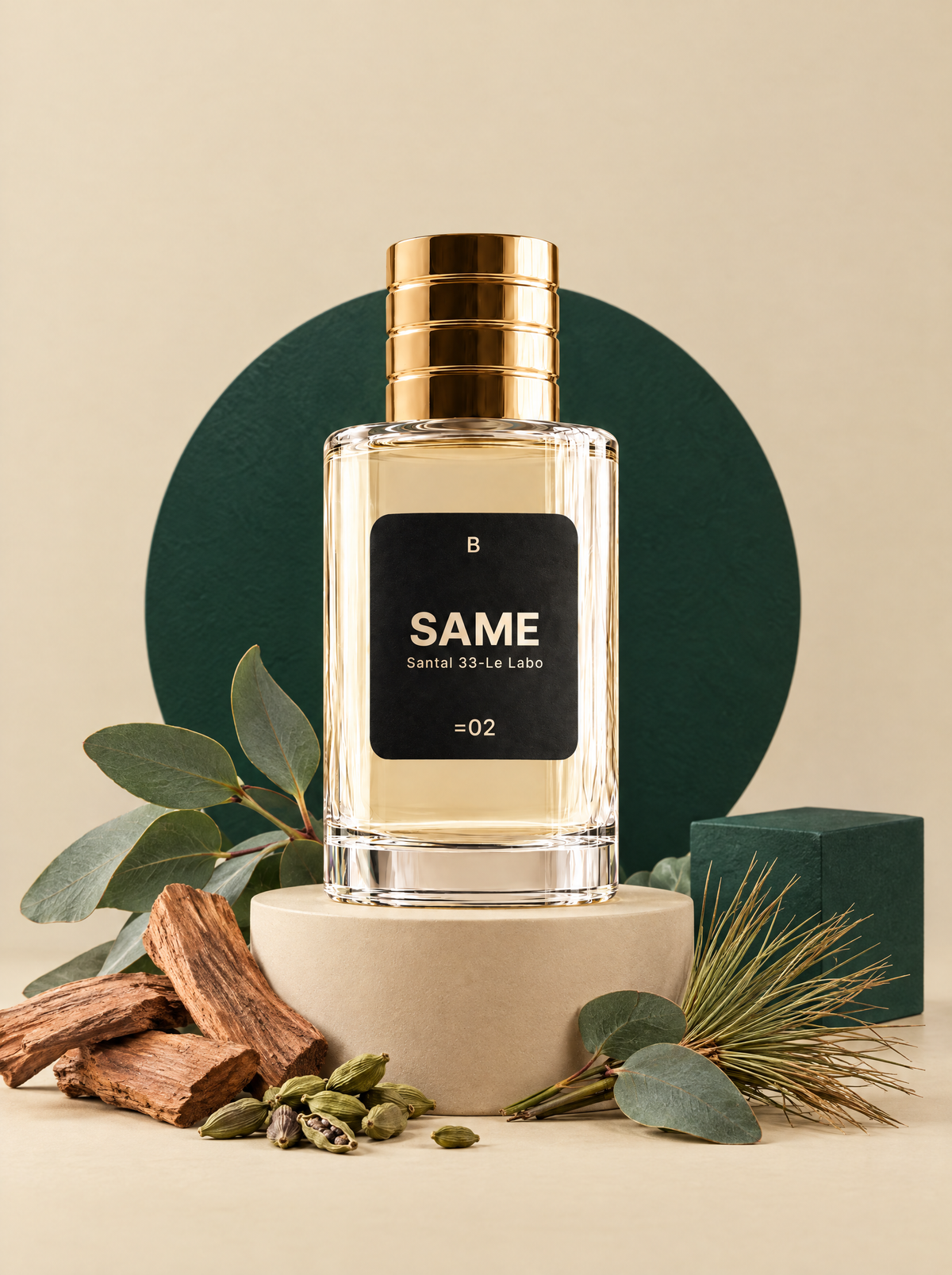 Perfume SAME B02 en set beige con disco verde esmeralda, sandalo, cardamomo y eucalipto
