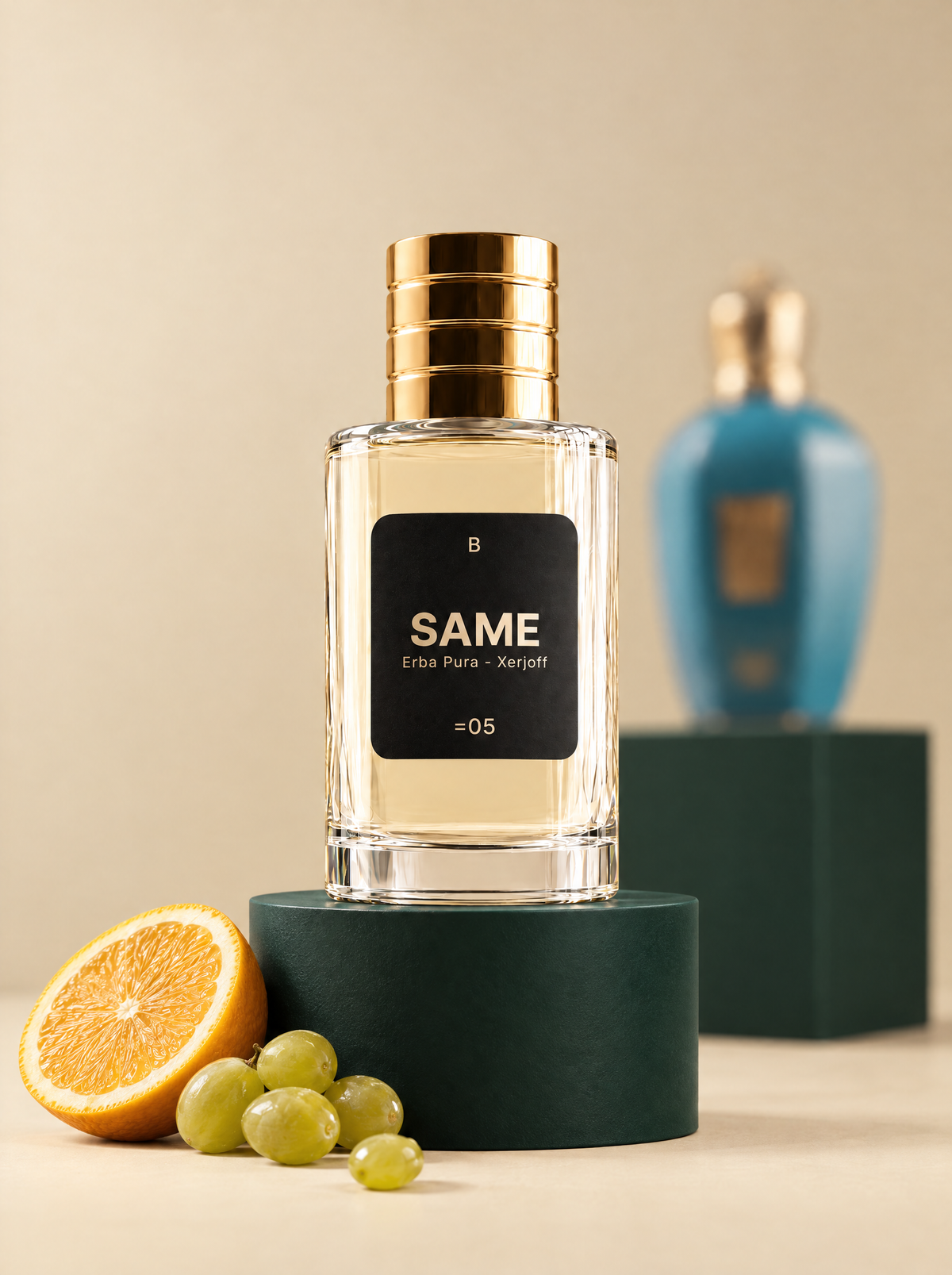 Perfume SAME B05 junto al frasco de la fragancia en la que se inspira, fondo beige