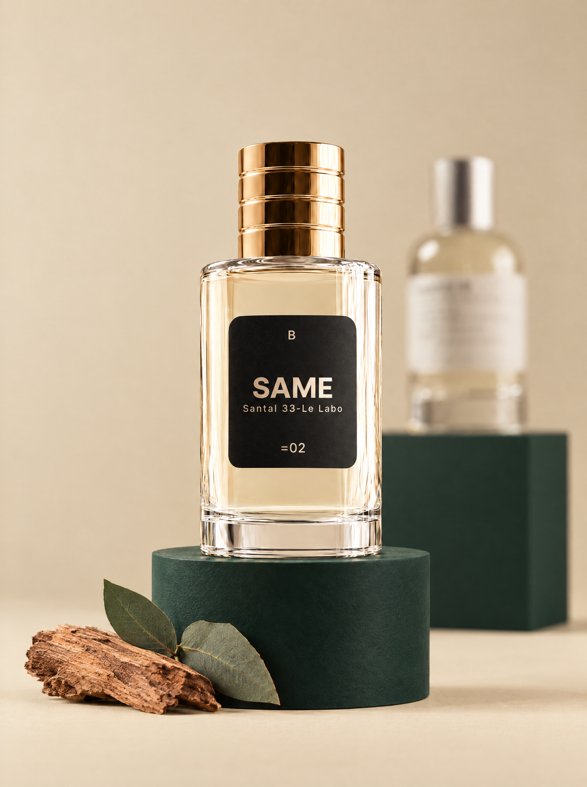 Perfume SAME B02 junto al frasco de la fragancia en la que se inspira, fondo beige