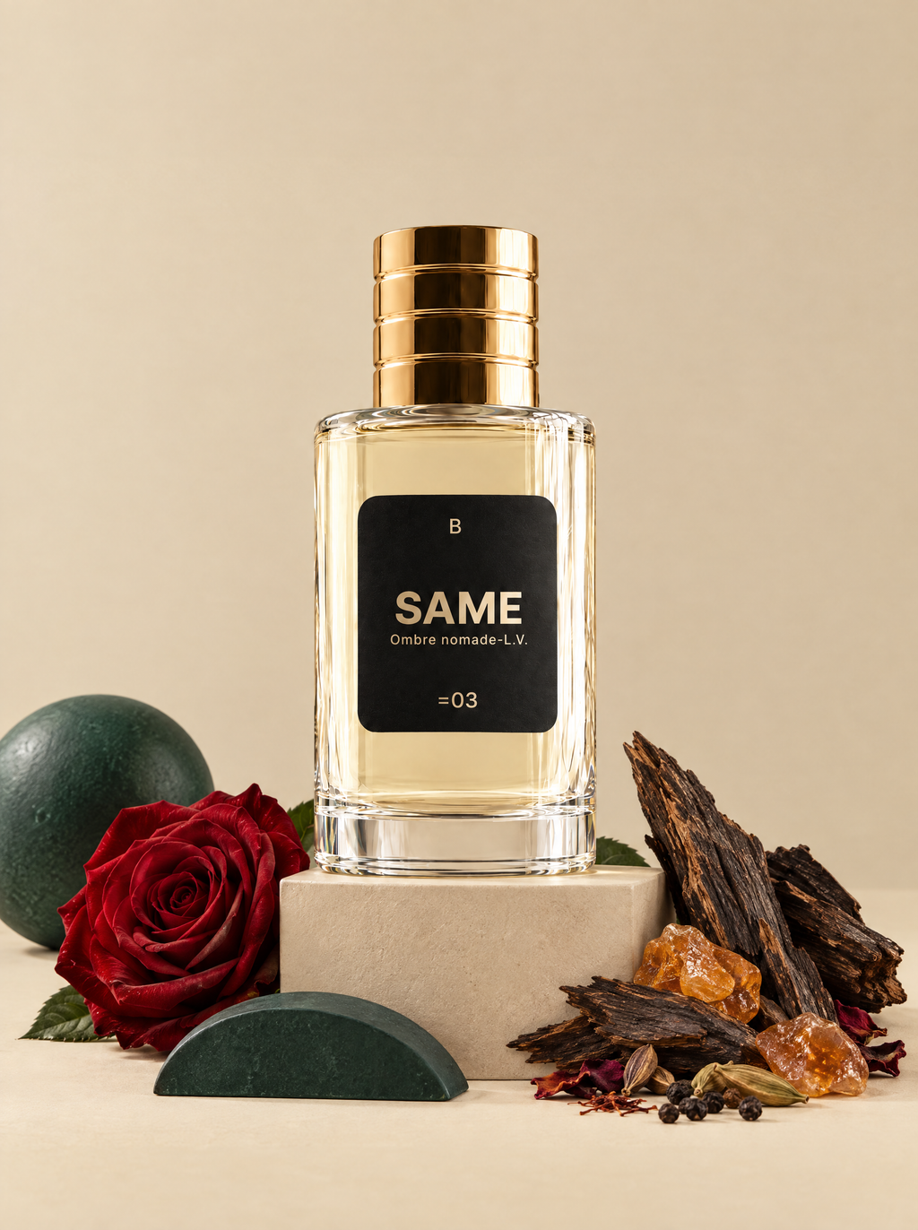 Perfume SAME B03 en set beige con esfera verde esmeralda, rosa oscura, oud, ambar y especias