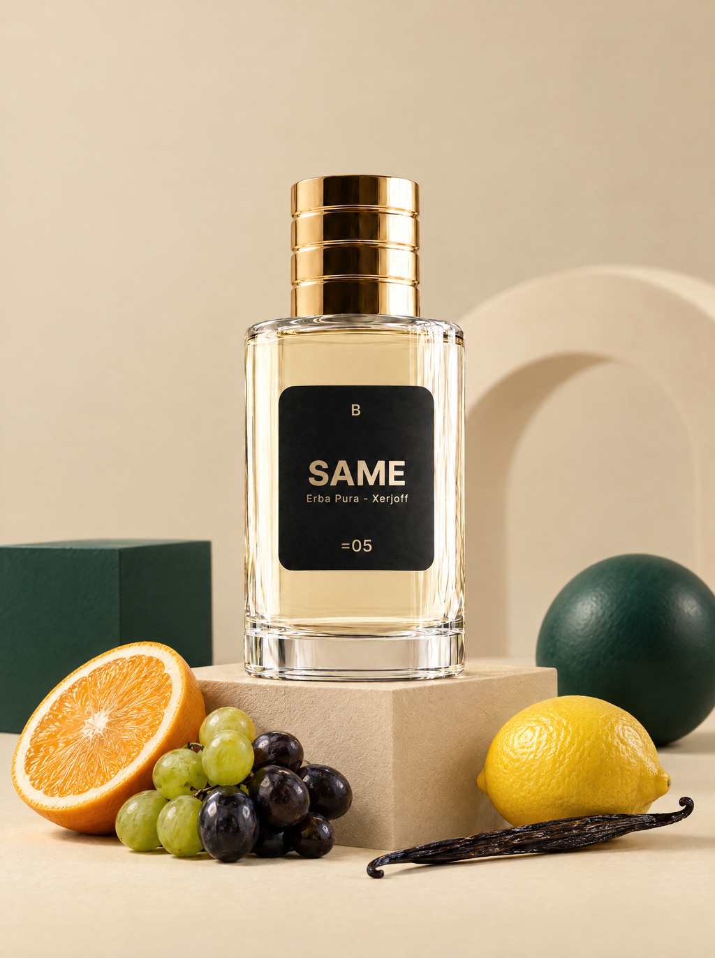 Perfume SAME B05 en set beige con formas verde esmeralda, naranja, uvas, limon y vainilla