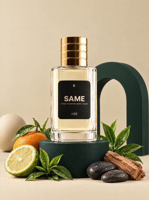 Perfume SAME B01 en set beige con pedestal verde esmeralda, bergamota, mandarina, te verde y sandalo