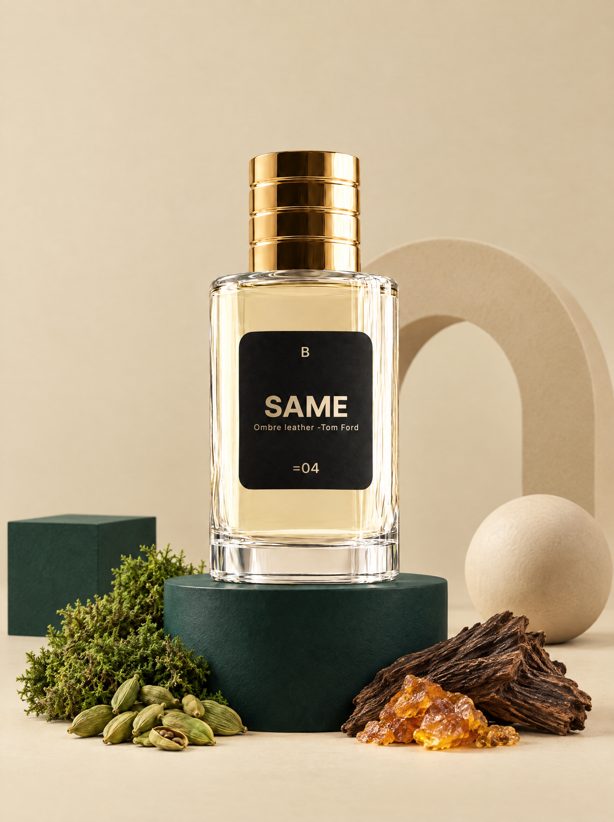 Perfume SAME B04 en set beige con pedestal verde esmeralda, cardamomo, musgo y ambar
