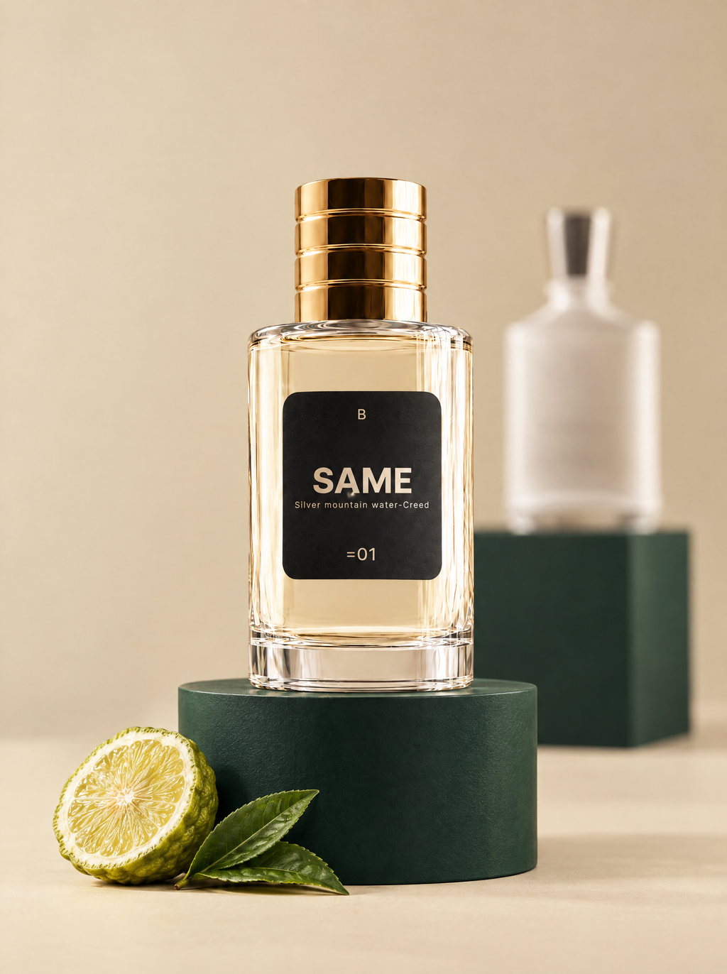 Perfume SAME B01 junto al frasco de la fragancia en la que se inspira, fondo beige