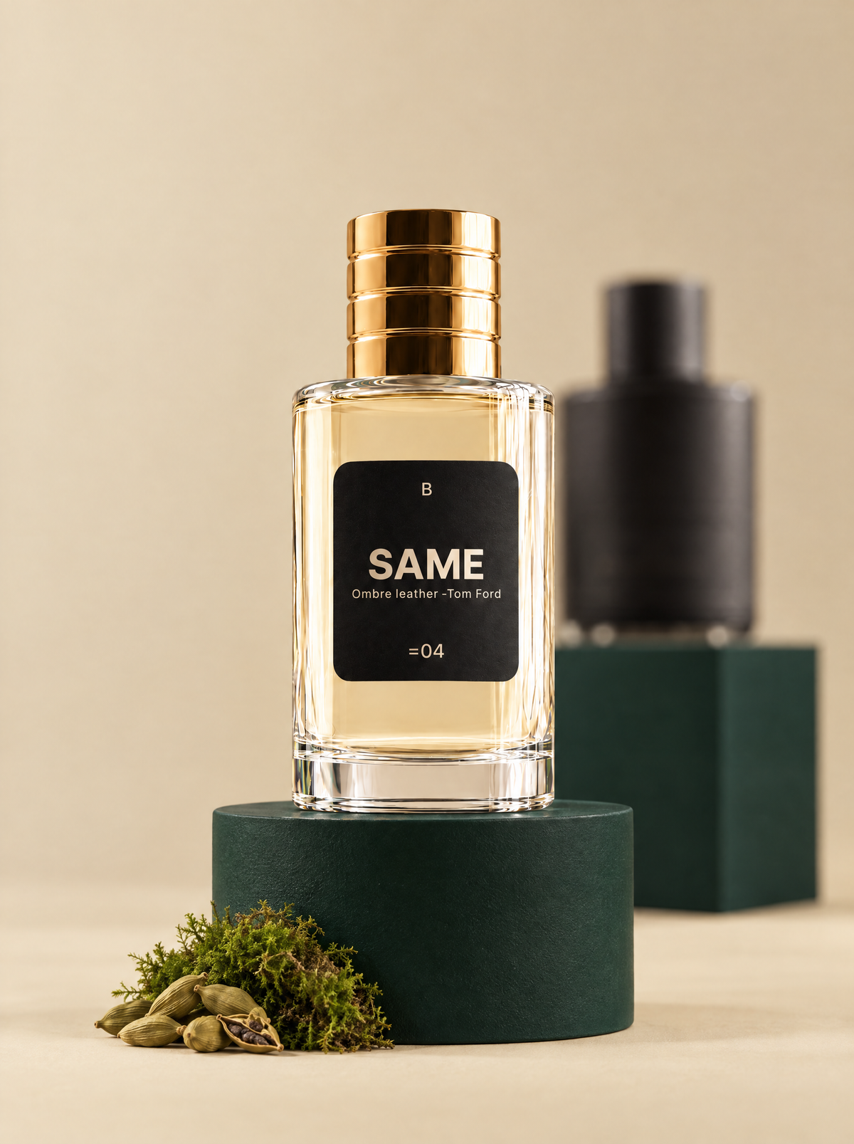 Perfume SAME B04 junto al frasco de la fragancia en la que se inspira, fondo beige